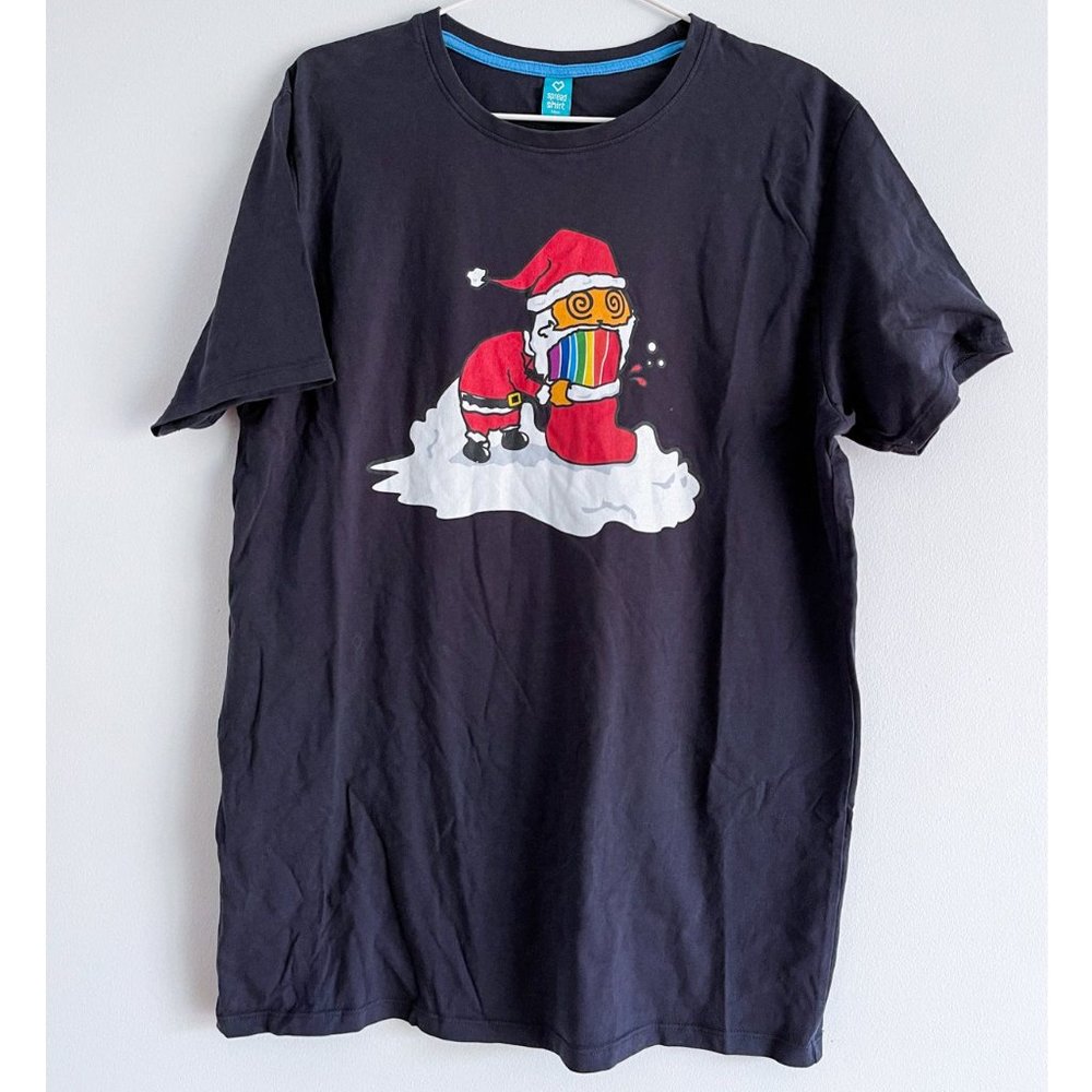 Spreadshirt Humor T-Shirt Christmas Holiday Funny Tee Santa Puke Rainbow Sz L